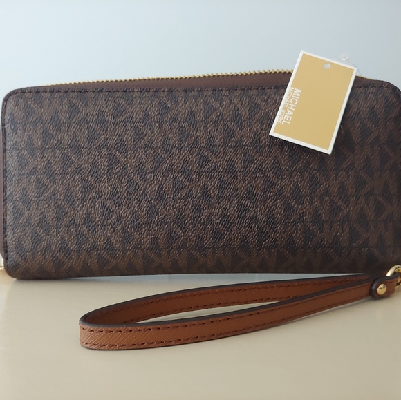 MICHAEL KORS Large Logo  Jet Set Travel Continental Wristlet Wallet Brown NWT - Picture 6 of 7